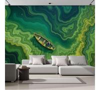 Papier Peint Intissé Lac De Marbre Abstrait, Papier Peint Panoramique Bateau En Bois Naturel Vagues Vert Émeraude Pour Salon Chambre, Déco Fresque Murale Maison, Décoration Photo Murale 300X210 Cm