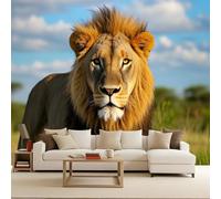 Papier Peint Intissé lion3D Panoramique Murale La nature sauvage des animaux 300x210cm Décoration murale rapide DIY fresque murale créative tête de lit chambre salon facile à appliquer