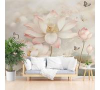 Papier Peint Intissé Lotus et Plantes Peintes Vintage Papier Peint Panoramique Plantes, Fleurs, Papillons Photo Muraux Utilisé Pour Salon Chambre Chambre D'Enfant 200x140cm(L x H)