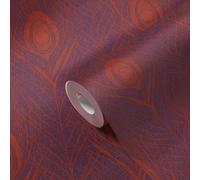 Papier Peint Intissé Magenta Avec Plumes De Paon - Rouge, Violet, Or