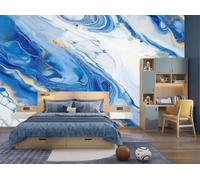Papier Peint Intissé Marbre Fluide Abstrait, Papier Peint Panoramique Peinture L'Huile Moderne Sur Marbre Bleu Blanc Pour Salon Chambre, Déco Murale Maison, Décoration Photo Murale Moderne 200X140Cm