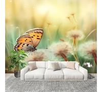 Papier Peint Intissé Mural 200x140cm Fleurs Pissenlits Papillons Papier Peint Panoramique Nature Poster Geant Mural, pour Salon Chambre d'enfants restaurant Décoration Murale