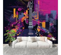 Papier Peint Intissé Mural 300x210cm LumièRes NéOn Tendance Guitares ColoréEs Papier Peint Panoramique Violet Poster Geant Mural, pour Salon Chambre d'enfants restaurant Décoration Murale