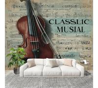 Papier Peint Intissé Mural 350x256cm ThèMe Musical RéTro Au Violon Papier Peint Panoramique Brun Poster Geant Mural, pour Salon Chambre d'enfants restaurant Décoration Murale
