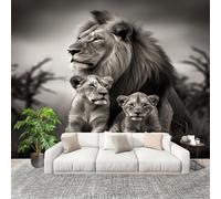 Papier Peint Intissé Mural 400x280cm Animaux Sauvages Une Famille de Lions Papier Peint Panoramique Gris Poster Geant Mural, pour Salon Chambre d'enfants restaurant Décoration Murale
