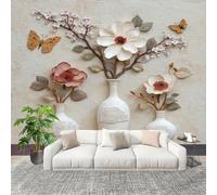 Papier Peint Intissé Mural Photo 250x175 cm Vase En Relief Avec Des Fleurs Panoramique Poster Fresque Murale Maison Bureau Restaurant Blanc Intérieure Décoration Murale Papier Peint