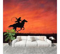 Papier Peint Intissé Mural Photo 400x280 cm Silhouette de Cavalier Au CréPuscule Panoramique Poster Fresque Murale Maison Bureau Restaurant Couleur Orange Intérieure Décoration Murale Papier Peint