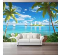Papier Peint Intissé Nature Mer Plage Tropicale Palmiers Panoramique, Bleu Vert Papier Peint Murale Personnalisable Photo Muraux Pour Salon Chambre Chambre D'Enfant Décoration Intérieure, 400 x 280 cm