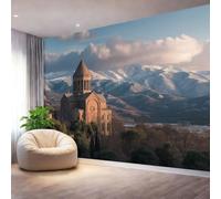 Papier Peint Intissé Nature Montagnes Enneigées Châteaux Nuages Brun Blanc Papier Peint Panoramique Tapisserie Poster Mural Photo Muraux pour Salon Chambre Décoration Murale, 300 x 210 cm