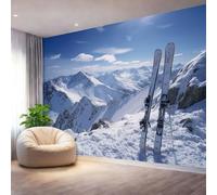 Papier Peint Intissé Nature Skis Montagnes Enneigées Blanc Bleu Papier Peint Panoramique Tapisserie Poster Mural Photo Muraux pour Salon Chambre Décoration Murale, 350 x 256 cm