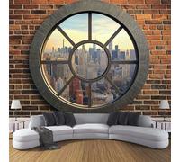 Papier Peint Intissé New York Ville Horizon, Papier Peint Panoramique Motif Rond Fenêtre, Fresque Murale 260×180cm, Décoration Murale XL Pour Salon, Chambre, Bureau