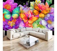 Papier Peint intissé Noir 150 x 105 cm, Photo Mural Aquarelle Effet Estompé Fleurs Papillons 3D Papier Peint, Mural Pour Salon Chambre d'Enfant Bureau Couloir Décoration Murale Tableaux Muraux