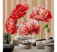 Papier Peint Intissé Panoramique Dessiné À La Main Floral Coquelicot Géométrique, Papier Peint Photo Marron Clair - Fresque Murale Décoration Pour Salon Chambre Chambre D'Enfant, 400 x 280 cm (L x H)