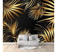 Papier peint intissé panoramique Feuilles De Palmier De Luxe Élégantes Revêtement mural décoration chambre salon 350 x 256 cm Poster Géant Décoration Noir Or pour Salon Chambre Décoration Murale