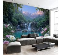 Papier Peint Intissé Panoramique Paysage Cascade Montagne, 3D Poster Papier Peint Forêts Verdoyantes, Lacs Et Cygnes, Fresque Murale 308 X 220 Cm, Décoration Murale Pour Salon Chambre Bureau Tv