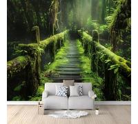 Papier Peint Intissé Panoramique Poster Geant Mural Personnalisé 3D, Pont En Bois De Forêt Tropicale Décoration Murale Tableaux, 300 x 210 cm Pour Salon Chambre D'Enfant Décoration Murale Vert