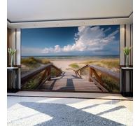 Papier Peint Intissé Panoramique Promenade de plage 250 x 175 cm Murale Herbe Verte pour Salon Chambre Fond TV Décoration