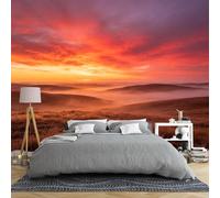 Papier Peint Intissé Papier Peint Panoramique 3D Intissé Représentant Un Paysage De Montagne Au Coucher Du Soleil 150 × 105 Cm Avec Ciel Orangé Et Scène Naturelle Grande Décoration Murale Pou