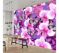 Papier Peint Intissé Papillon Violet Orchidée Rose 450 x 280 cm - Tapisserie Murale Décorative 3D, Papier Peint Panoramique Pour Salon Chambre Chambre D'Enfant Décoration Murale