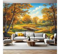 Papier Peint Intissé Paysage d'automne avec des arbres de rivière Papier Panoramique Mural Photo 200 x 140 cm Moderne Décor Murale Tableaux Muraux Tapisserie Salon Chambre à Coucher