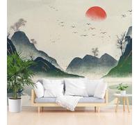 Papier Peint Intissé Paysage De Peinture à L'Encre Chinoise Papier Peint Panoramique Coucher de Soleil Paysage de Montagne Photo Muraux Utilisé Pour Salon Chambre Chambre D'Enfant 350x256cm(L x H)