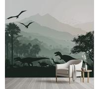 Papier Peint Intissé Paysage Forêt Montagnes 400x280 cm Papier Peint Panoramique Dinosaure Silhouette Paysage Jurassique, Poster Geant Arbre Palmier pour Salon Chambre Adulte Enfant Décor Murale