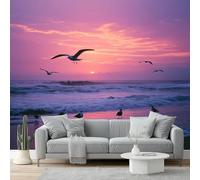 Papier Peint Intissé Paysage marin Coucher de soleil Mouettes Papier Peint Panoramique Rose Violet Tableaux Photo Muraux Utilisé Pour Salon Chambre Chambre D'Enfant Décoration Murale 250 x 175 cm