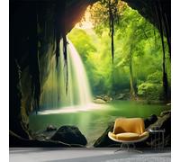 Papier Peint Intissé Paysage Naturel Cascade Spéléologie 200 x 140 cm, Vert Panoramique Papier Peint pour Salon Chambre Décor Fond TV, Décoration Murale Chambre à Coucher Intérieure