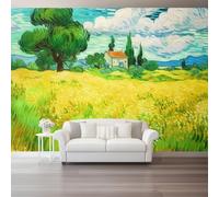 Papier Peint Intissé Paysage Peinture À L'Huile Fleurs Champs Maisons Panoramique, Vert Jaune Papier Peint Murale Personnalisable Photo Muraux Pour Salon Chambre Chambre D'Enfant, 200 x 140 cm