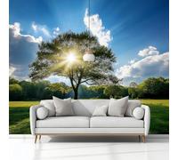 Papier Peint Intissé Paysages Naturels Champs Soleil Arbres 400 x 280 cm Papier Peint Photo Panoramique, Bleu Poster Mural Personnalisé, pour Salon Cuisines Chambre Adulte Enfant Décor Murale