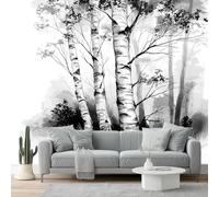 Papier Peint Intissé Peinture à l'encre Forêt de bouleaux Papier Peint Panoramique Noir Blanc Tableaux Photo Muraux Utilisé Pour Salon Chambre Chambre D'Enfant Décoration Murale 400 x 280 cm