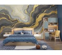 Papier Peint Intissé Peinture L'Huile Abstraite Marbre, Papier Peint Panoramique Vagues Feuille D'Or Luxe Or Noir Pour Salon Chambre, Déco Fresque Murale Maison, Décoration Photo Murale 450X315Cm