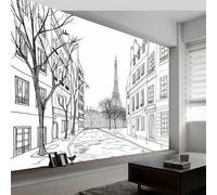 Papier Peint Intissé Peinture Rue de Paris Tour Eiffel, Papier Peint Photo HD Fresque Murale Style Peint pour Salon Chambre ou Cuisine Restaurant 300 x 210 cm (L x H) Décoration Murale Fresque