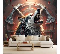 Papier Peint Intissé Photo Mural 100x70 cm 3D Style Viking Loup Arme Bouclier Motif Muraux Geant Mat Poster Personnalisable Wallpaper pour Salon Cuisines Bureau Chambre d'enfants Décor Murale