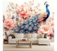 Papier Peint Intissé Photo Mural 150x105 cm 3D Coloré Paon Plantes Fleurs Oiseaux Motif Muraux Geant Mat Poster Personnalisable Wallpaper pour Salon Cuisines Bureau Chambre d'enfants Décor Murale