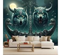 Papier Peint Intissé Photo Mural 350x256 cm 3D Style Viking Loup Arme Bouclier Motif Muraux Geant Mat Poster Personnalisable Wallpaper pour Salon Cuisines Bureau Chambre d'enfants Décor Murale