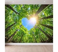 Papier Peint Intissé Photographie Romantique, Papier Peint Panoramique Forêt Feuilles Vertes Cœurs Soleil pour Salon Chambre Bureau, Déco Murale Maison, Décoration Photo Murale, 400 x 280 cm