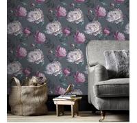 Papier peint intissé Pivoine Fleurs Vintage1005 x 52cm Parme, écru, gris