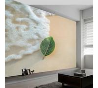 Papier peint intissé Plage vagues plantes feuilles 300 x 210 cm, fresque murale design frais naturel pour chambre et bureau - Papier peint panoramique facile à poser - décoration murale amovible