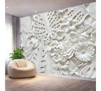Papier Peint Intissé Plante Et Fleur, Papier Peint Panoramique Bas-Relief Blanc Feuille pour Salon Chambre à Coucher, Déco Murale Maison Poster Tableaux, Décoration Photo Murale 300 x 210 cm