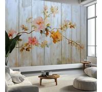 Papier peint intissé plantes fleurs veinage du bois, fresque murale design style vintage pour chambre et bureau - Papier peint panoramique facile à poser - décoration murale amovible 350 x 256 cm