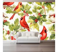 Papier Peint Intissé Plantes Tropicales 350 x 256 cm Papier Peint Photo Panoramique Poster Geant Mural Personnalisé, pour Salon Cuisines Chambre Décor Murale Rouge Oiseaux Baies