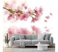 Papier Peint Intissé Reflet des fleurs de cerisier qui tombent Papier Peint Panoramique Rose Blanc Tableaux Photo Muraux Utilisé Pour Salon Chambre Chambre D'Enfant Décoration Murale 400 x 280 cm