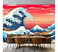 Papier peint intissé Rouge, Japonais Dessin Animé Vagues De L'Océan motif Poster Murale, 300 x 210 cm 3D Papier Peint Panoramique pour Chambre Salon Salle à Manger Décoration