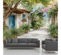 Papier Peint Intissé Rue Italienne, Fresque Murale Ville Balnéaire Feuilles Fleur Aquarelle, Papier Peint Panoramique - Pour Salon, Chambre, Bureau - 350 x 245 cm - Décoration Murale(non adhésif)