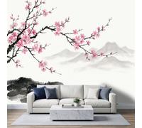 Papier Peint Intissé Rustique Plants Floral Brume Montagne Moderne, Asiatique Traditionnel Art Muraux Photo pour Salon Bureau, Peinture Murale Vieux Rose Papier Peint Panoramique 250L x 175H cm