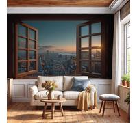 Papier Peint Intissé Skyline New York 200X140Cm | Décoration Murale Paysage Urbain Travers Fausses Fenêtres - Tapisserie Murales Papier Peint Intissé - Poster Tableaux Photo Muraux Pour Chambre Salon