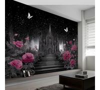Papier peint intissé sombre château palais rose papillon, fresque murale design style gothique pour chambre bureau - Papier peint panoramique facile à poser - décoration murale 450 x 315 cm (L x H)