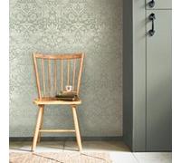 Papier peint intissé Strawberry thief imprimé fleurs, oiseaux effet métalisé vert sauge L.1000 x l.52cm William Morris