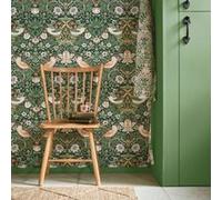 Papier peint intissé Strawberry thief imprimé fleurs, oiseaux vert L.1000 x l.52cm William Morris